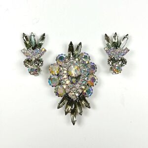 High End AB Rhinestone Demi Parure Brooch Clip Earrings Attributed to Max Muller